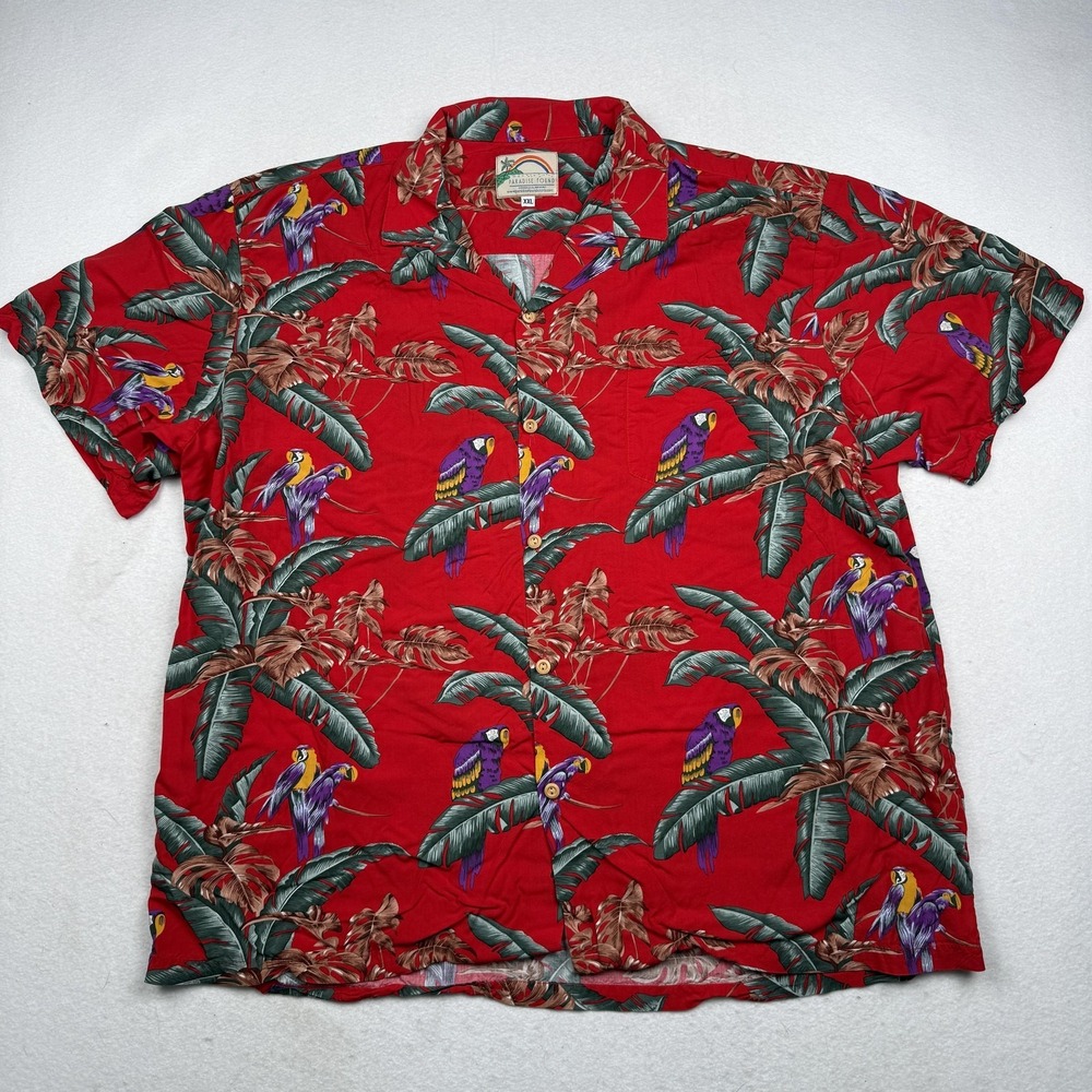 Paradise Found Shirt Mens 2XL Red Parrot Hawaiian Rayon Short Sleeve Button Up
